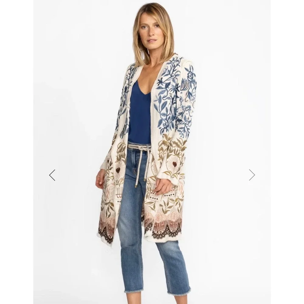 Biya Johnny Was Teresa Embroidered Hooded Cardigan Duster Ecru Bird Floral Small